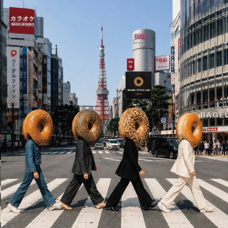 東京タワーと看板がひしめく街並みを背に、ベーグル頭の4人が横断歩道を渡る